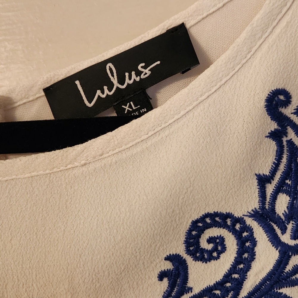 Lulu's Mini Dress, Tale to Tell Blue and Ivory Embroidered Shift, Size XL, Party - Picture 3 of 12